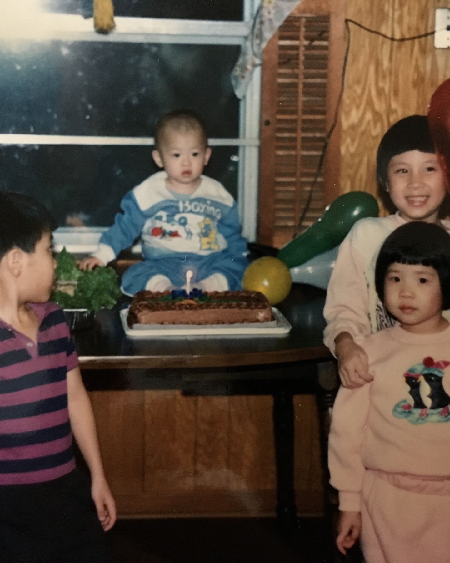Group of children gathered around a table with a birthday cake indoors, balloons and foliage visible, capturing a nostalgic, family moment.