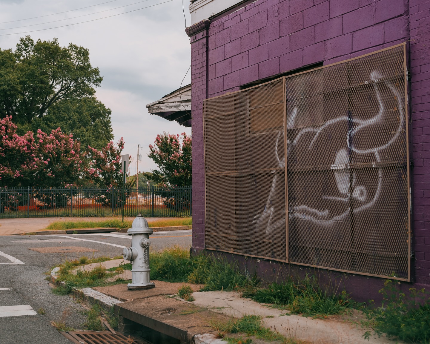 Outdoor shot of a silver fire hydrant on the side of an urban street next to a purple brick building with a metal grate covering a window.