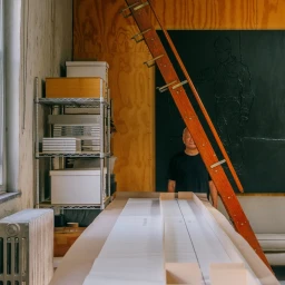An older man stands partially obscured behind a tall wooden ladder in a studio with a large black artwork and metal shelving.