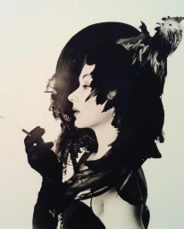 Monochrome profile portrait of a woman holding a cigarette with a roosters head superimposed into her headdress