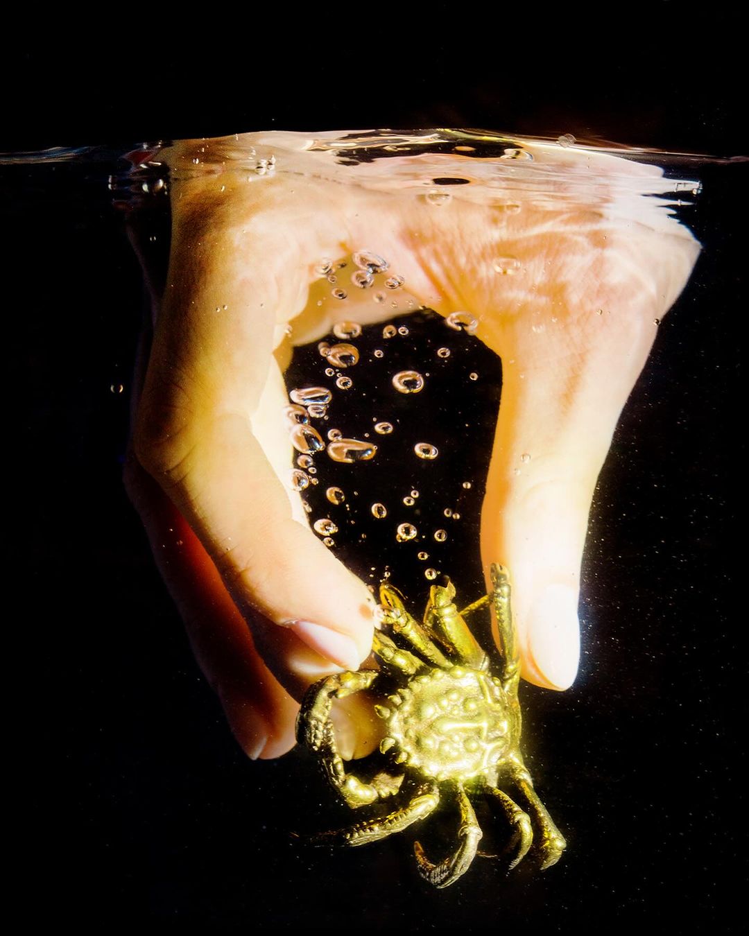 Hand holding a golden crab underwater, creating bubbles. The shot is set against a stark black background, emphasizing the surreal scene.