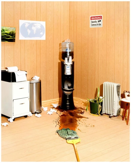 Office spill with mop next to spilled liquid and a water cooler. Cabinet, trash can, heater, and warning sign are also present.