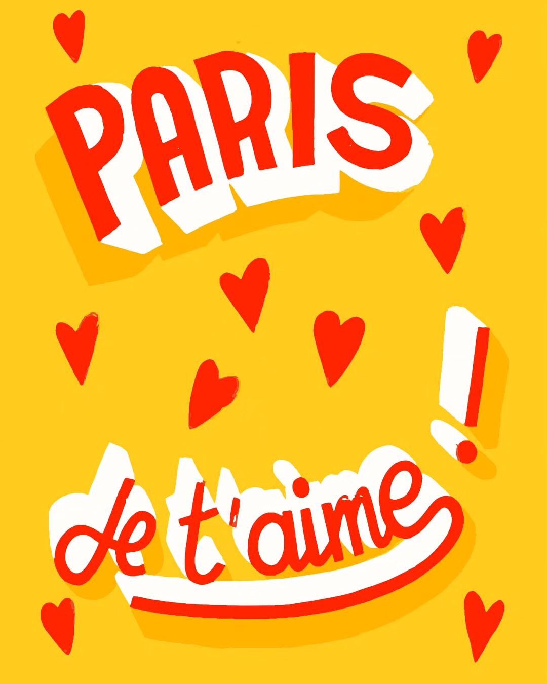 Bright illustration with "Paris Je t'aime" text. Red hearts and bold lettering on a yellow backdrop evoke love and travel.