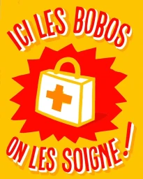 Digital illustration of a first aid kit with a red cross against a starburst shape, on a yellow background with French text.