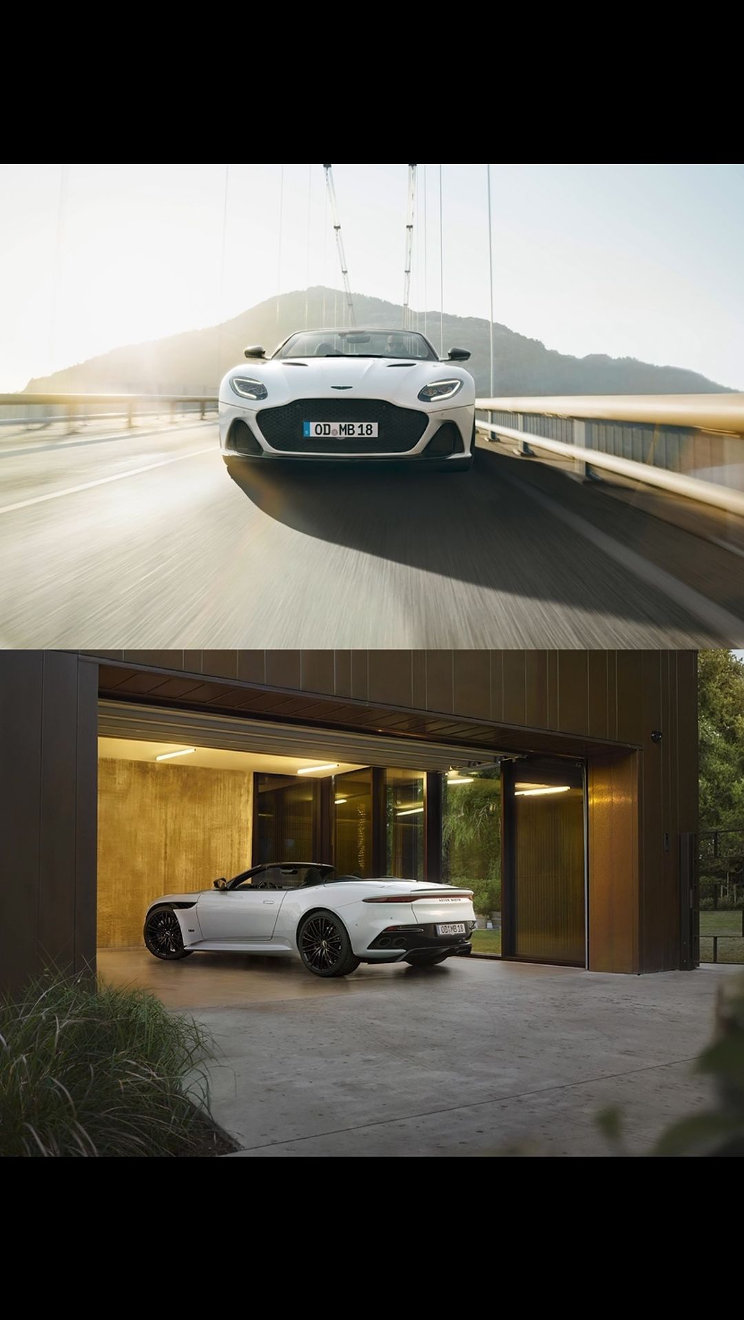 A white Aston Martin convertible is showcased in two distinct environments: speeding across a bridge and parked inside a modern garage.
