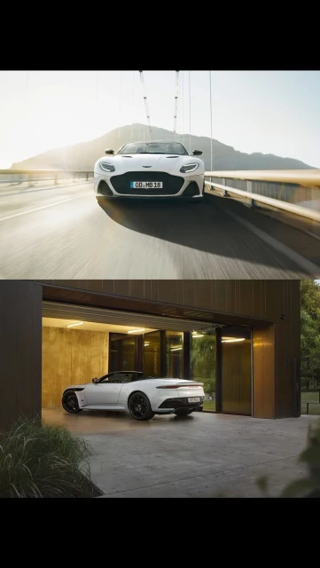 A white Aston Martin convertible is showcased in two distinct environments: speeding across a bridge and parked inside a modern garage.