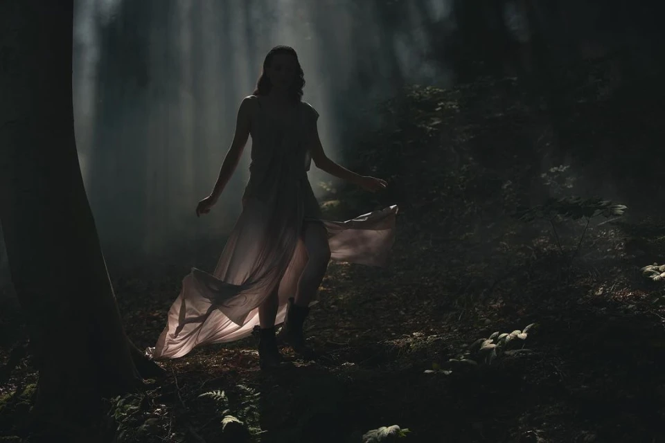 Woman in long flowing dress walking in dark forest with misty light filtering through trees, creating a dramatic, ethereal atmosphere.