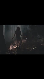 Silhouette of a woman walking through a misty forest at twilight, wearing a flowing white dress and dark boots.