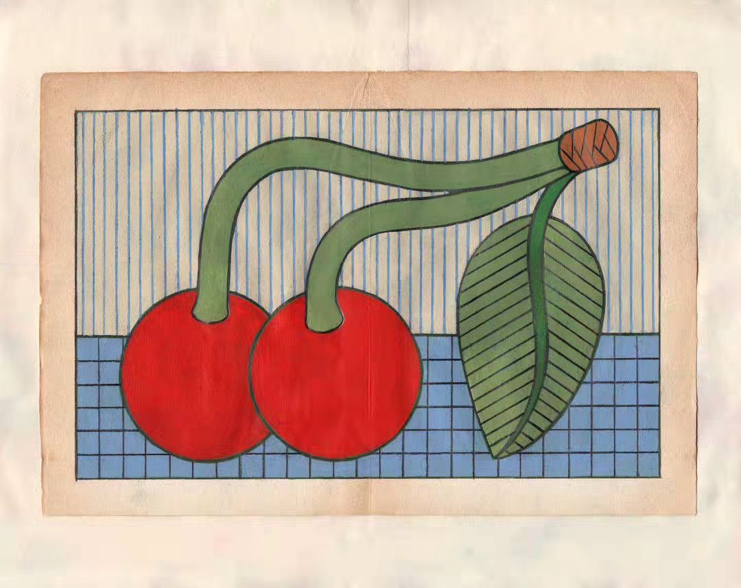 Illustration of two red cherries on a branch with a green leaf against a blue and white striped background, depicted on aged paper.