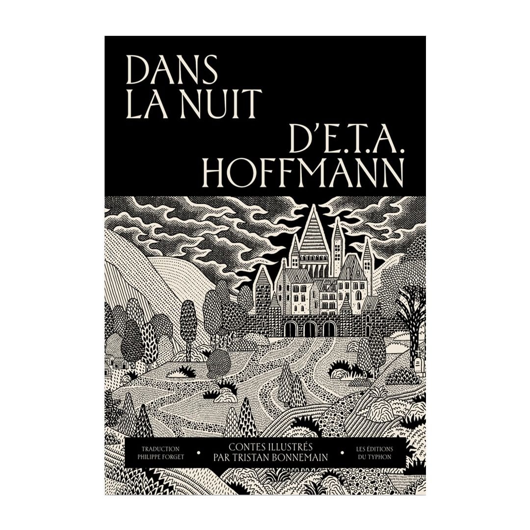 Book cover art featuring a medieval town, illustrated in black and white with title 'Dans la Nuit' by D'E.T.A. Hoffmann.
