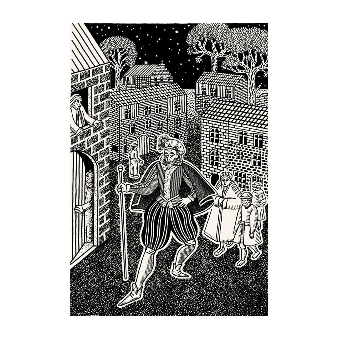 Detailed ink illustration of a town scene with a costumed man leading others, featuring detailed architectural and landscape elements.