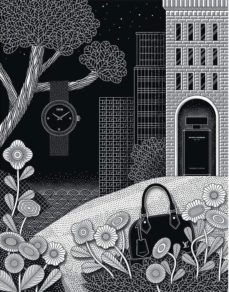Illustration of a luxury handbag near flowers, with a watch hanging from a tree, a perfume bottle, and city buildings at night.