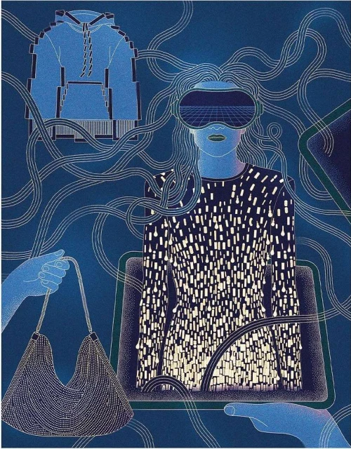 Illustration of a person wearing a VR headset, surrounded by virtual objects like a hoodie, purse, and screen, against a blue backdrop.