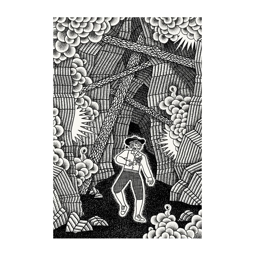 Black and white stippled illustration of a man in a hat and traditional clothing walking through a cave-like structure with textured walls.