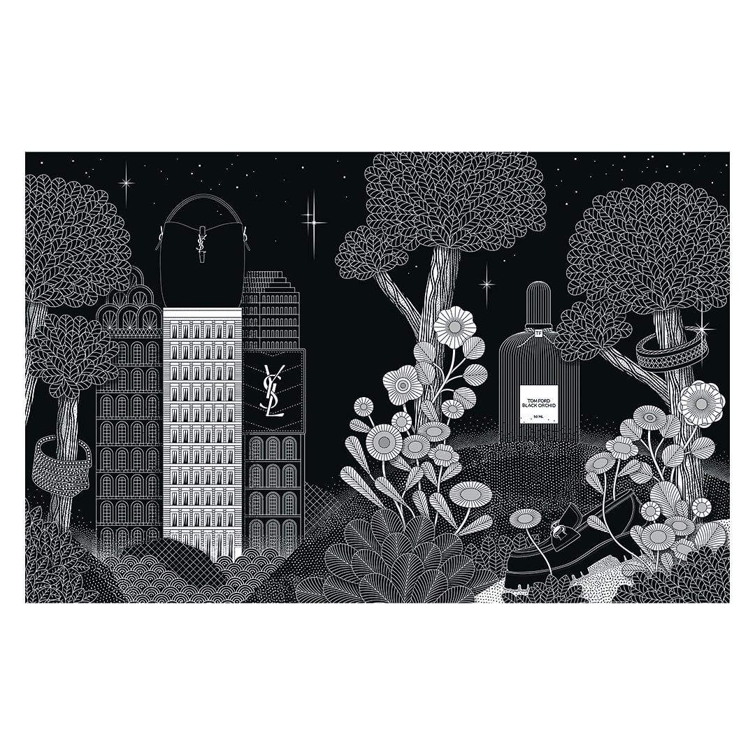 Illustration of a perfume bottle surrounded by flora and architecture against a dark sky, creating a surreal and artistic scene.