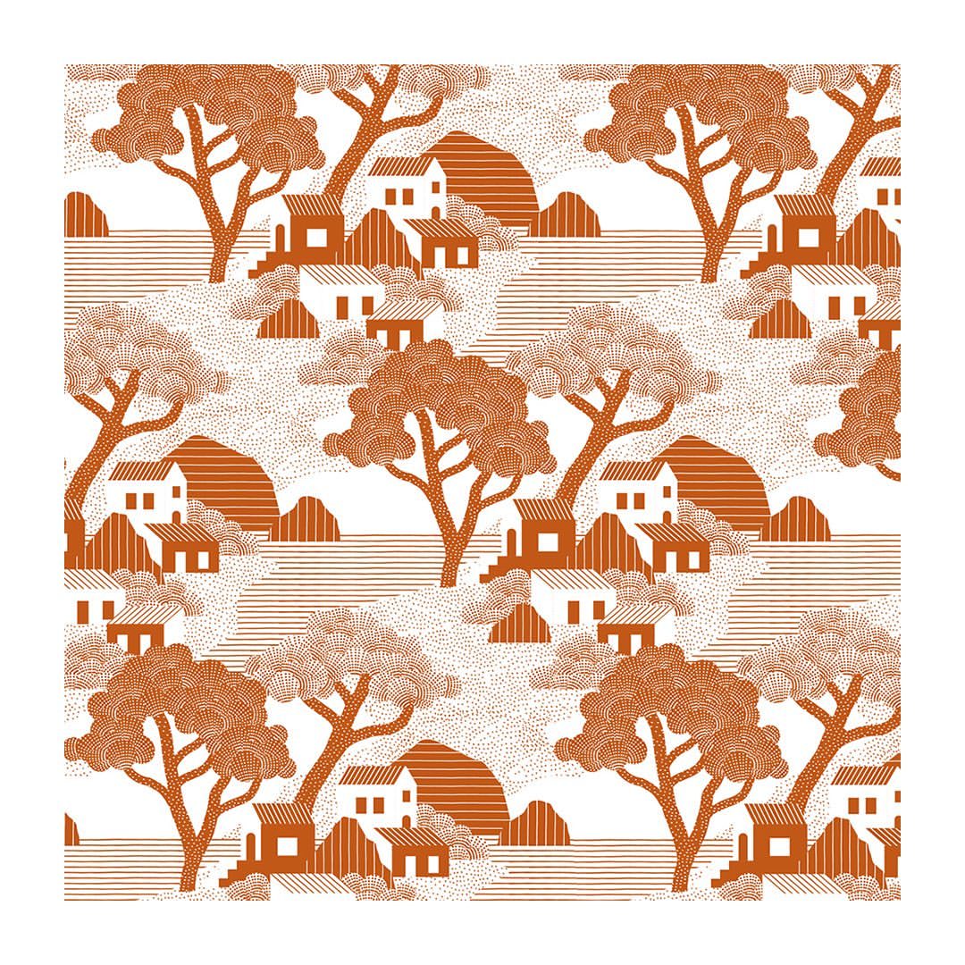 Pattern of trees and houses in an abstract illustration with orange lines on a white background, creating a seamless design.