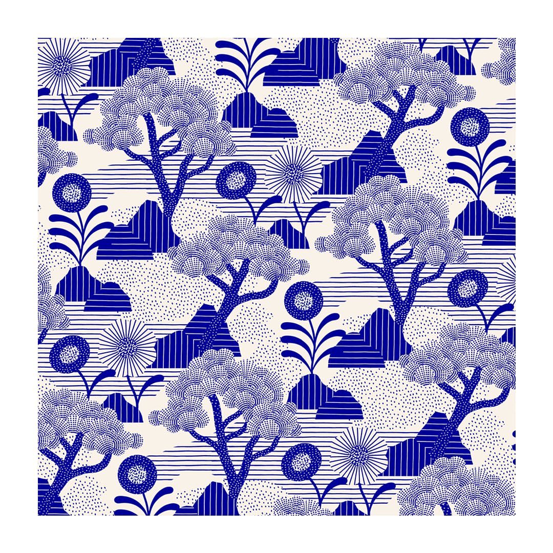 Blue and white pattern featuring stylized trees, flowers, and geometric shapes on a light background. Decorative botanical design.