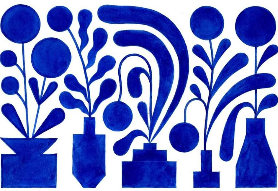 Blue botanical art illustration. Dark blue stemmed plants with round leaves and buds arranged in vases against a white background.