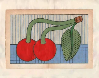 Illustration of two bright red cherries with green stems and a single leaf against a blue patterned background