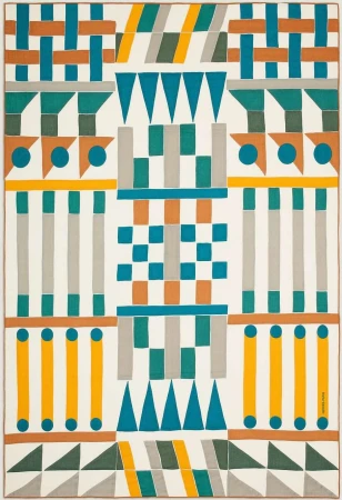 Geometric textile illustration with repeating woven blocks, triangles, and vertical bars in teal, orange, and grey.