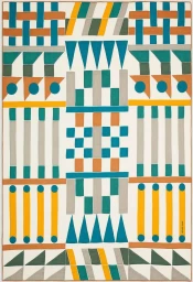 Geometric textile illustration with repeating woven blocks, triangles, and vertical bars in teal, orange, and grey.
