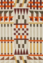 Geometric pattern illustration by Tristan Bonnemain featuring woven blocks, triangles, and columns in orange, brown, and cream