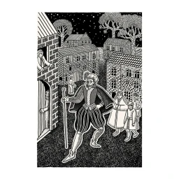 Black and white woodblock style illustration of a historical town scene with multiple figures by Tristan Bonnemain