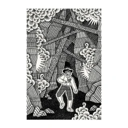 Black and white ink illustration by Tristan Bonnemain featuring a man in a hat standing inside a complex cavern with patterned rock walls.