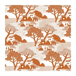 Terracotta and white illustrative repeating pattern featuring stylized houses, trees, and rolling hills by Tristan Bonnemain.