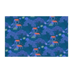 Illustrated repeating landscape pattern of houses with orange roofs amidst blue trees and stylized foliage.