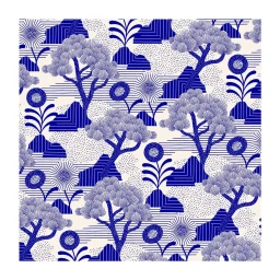 Blue and white patterned illustration featuring stylized trees mountains and flowers by Tristan Bonnemain