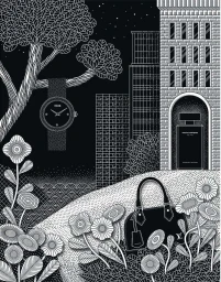 Monochrome ink illustration by Tristan Bonnemain featuring a night city scene with luxury items and flowers