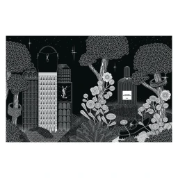 Black and white surreal nocturnal landscape illustration featuring skyscrapers, stylized trees, and luxury lifestyle objects by Tristan Bonnemain