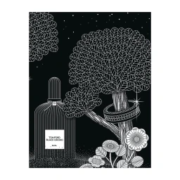 Monochrome ink illustration of a perfume bottle next to stylized trees and flowers by Tristan Bonnemain