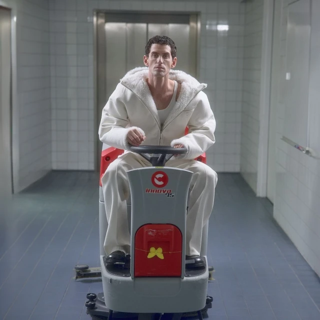 Man in white jumpsuit riding floor cleaning machine in tiled hallway with elevator in background. Cleanliness, maintenance concept.