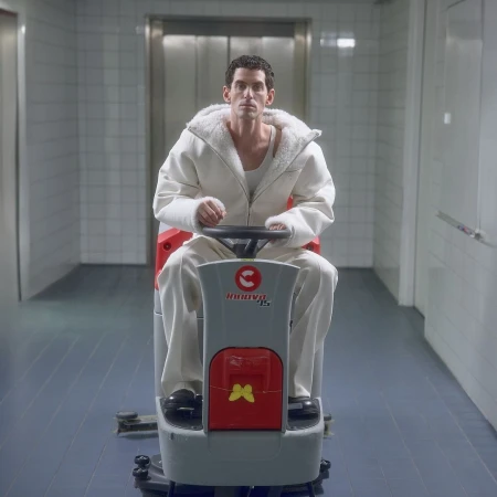 Man in white jumpsuit riding floor cleaning machine in tiled hallway with elevator in background. Cleanliness, maintenance concept.