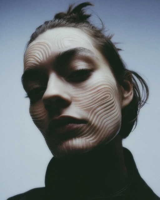 Close-up portrait of a young adult female with a geometric pattern projected on her face, set against a light blue gradient background.