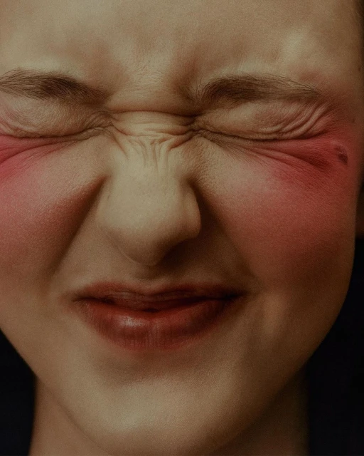 Close-up of an adult woman's face with eyes closed, red blush on cheeks, and a grimacing expression, set against a dark background.