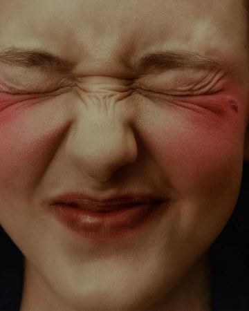 Close-up of an adult woman's face with eyes closed, red blush on cheeks, and a grimacing expression, set against a dark background.