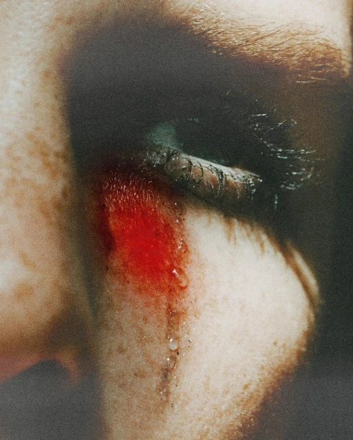 Close-up studio shot of a human eye with dark eye makeup and a trail of bright red liquid beneath the eye, paired with clear liquid droplets.