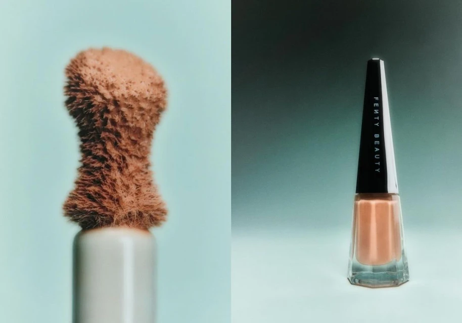 Close-up studio shot of Fenty Beauty makeup applicator brush and nail polish bottle against gradient teal background.