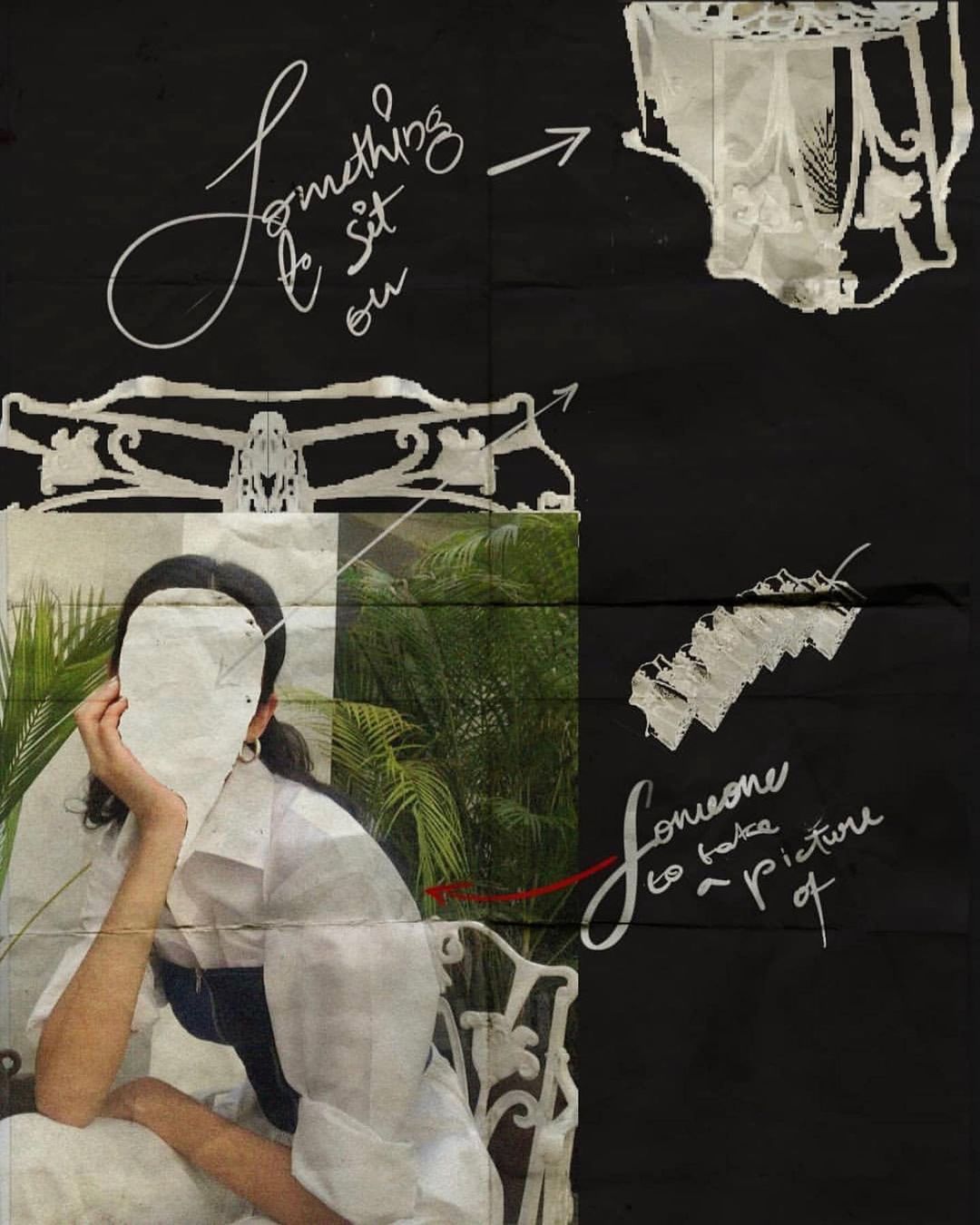 Creative composition of an adult female partially obscured by paper cutouts, seated in a chair with tropical foliage in the background.