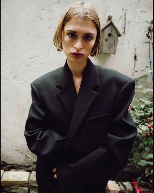 Blonde woman in an oversized black blazer poses in front of a weathered wall with a birdhouse and greenery in a natural outdoor setting.