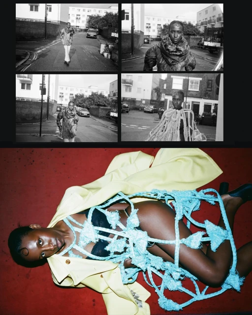 Collage of fashion portraits. One model lies on a red floor in blue rope apparel. Other photos show a model on city streets in grayscale.