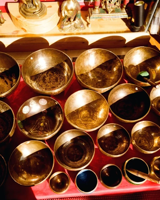 Collection of ornate bronze singing bowls with decorative etchings, arranged on a red surface with wooden and bronze statues in background.