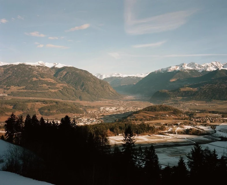 Scenic view of a valley and distant mountains, with evergreen trees silhouetted in the foreground under a blue sky.