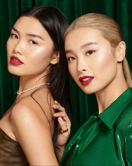 Two Asian women pose closely together in front of a green curtain, showcasing beauty and fashion with soft lighting and elegant makeup.