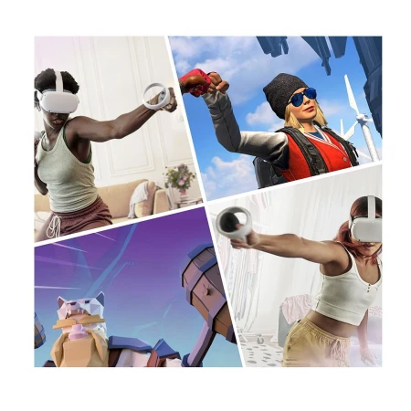 Collage of four images featuring individuals using VR headsets in various settings, with virtual gaming landscapes and indoor environments.