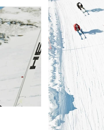 Overhead shot of two skiers on a snowy slope, with ski tracks visible. A white board with black text is on the left side.