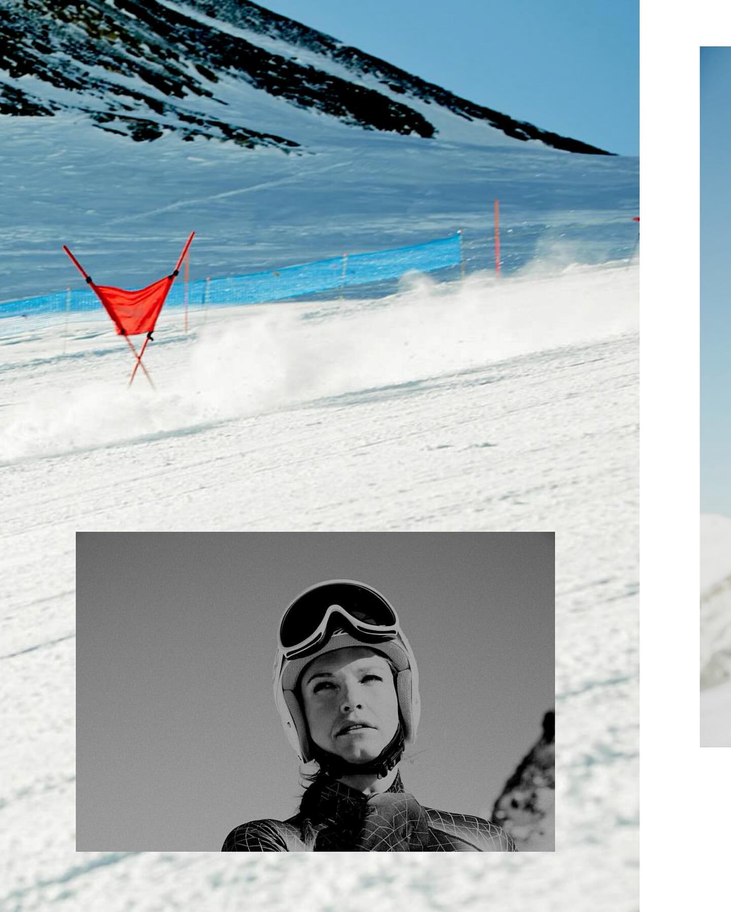 Ski slope on a sunny day with a red gate marking the course, person in ski gear inset against white, mountain backdrop.